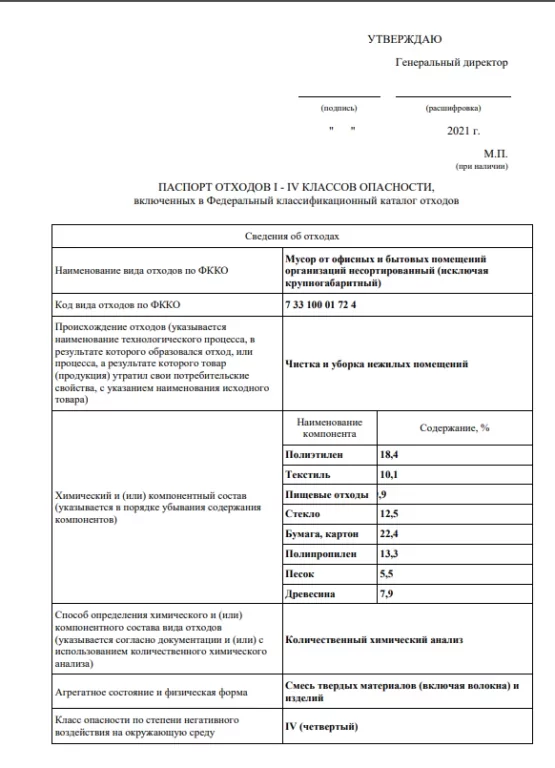 Образец паспорта отходов